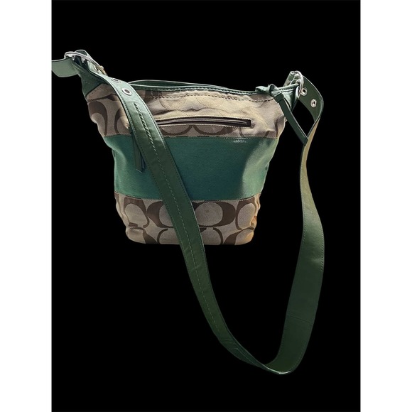 Coach Handbags - Coach Vintage Signature Canvas Green Leather Stripe Bucket Bag F13362 ‎ 26-05-14